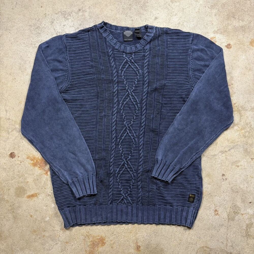 Navy Blue Harley Davidson Biker Cable Knit Sweater Size XL